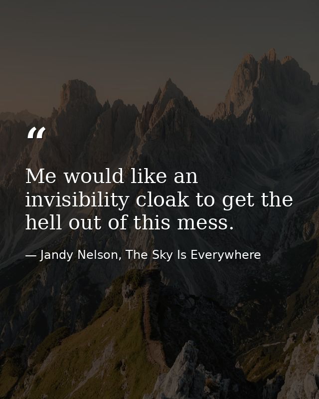 Me would like an invisibility cloak to get the hell out of this mess. — Jandy Nelson, The Sky Is Everywhere