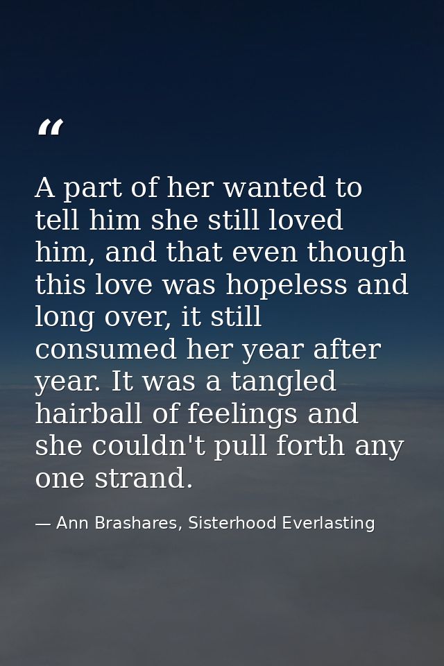 A part of her wanted to tell him she still loved him, and that even though this love was hopeless and long over, it stil — Ann Brashares, Sisterhood Everlasting