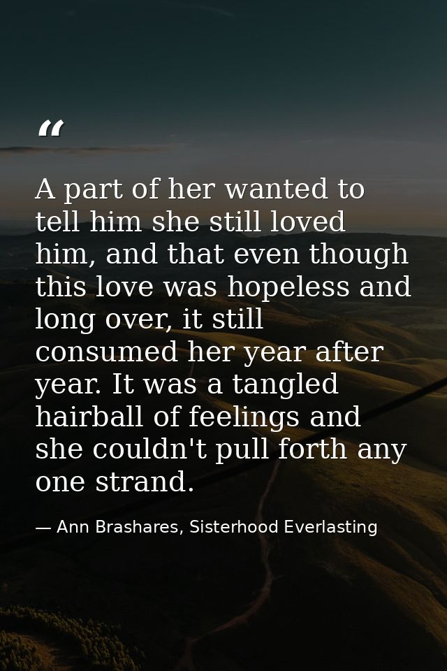 A part of her wanted to tell him she still loved him, and that even though this love was hopeless and long over, it stil — Ann Brashares, Sisterhood Everlasting