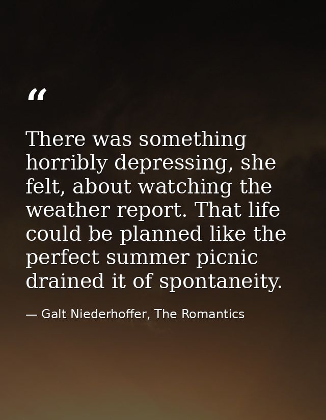 There was something horribly depressing, she felt, about watching the weather report. That life could be planned like th — Galt Niederhoffer, The Romantics