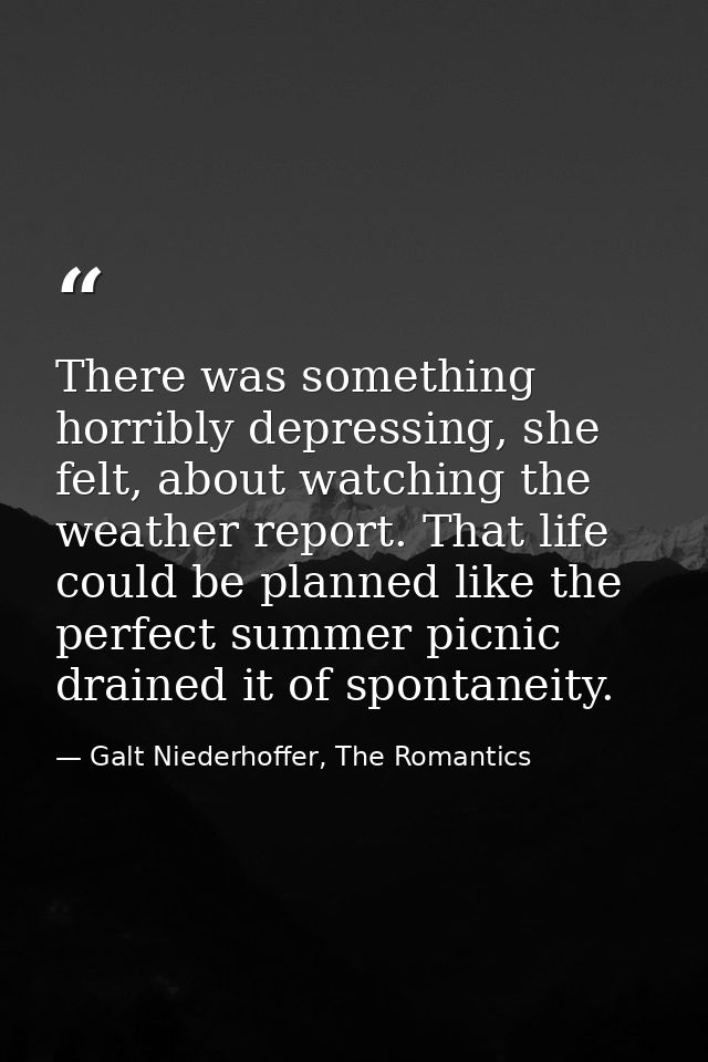 There was something horribly depressing, she felt, about watching the weather report. That life could be planned like th — Galt Niederhoffer, The Romantics