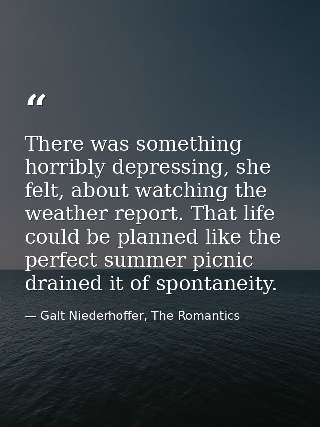 There was something horribly depressing, she felt, about watching the weather report. That life could be planned like th — Galt Niederhoffer, The Romantics