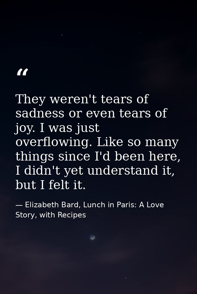 They weren't tears of sadness or even tears of joy. I was just overflowing. Like so many things since I'd been here, I d — Elizabeth Bard, Lunch in Paris: A Love Story, with Recipes