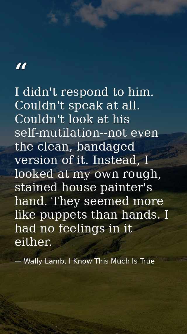 I didn't respond to him. Couldn't speak at all. Couldn't look at his self-mutilation--not even the clean, bandaged versi — Wally Lamb, I Know This Much Is True