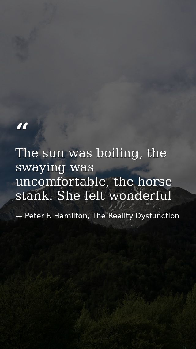 The sun was boiling, the swaying was uncomfortable, the horse stank. She felt wonderful — Peter F. Hamilton, The Reality Dysfunction