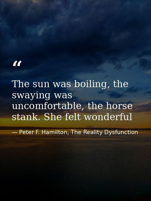 The sun was boiling, the swaying was uncomfortable, the horse stank. She felt wonderful — Peter F. Hamilton, The Reality Dysfunction