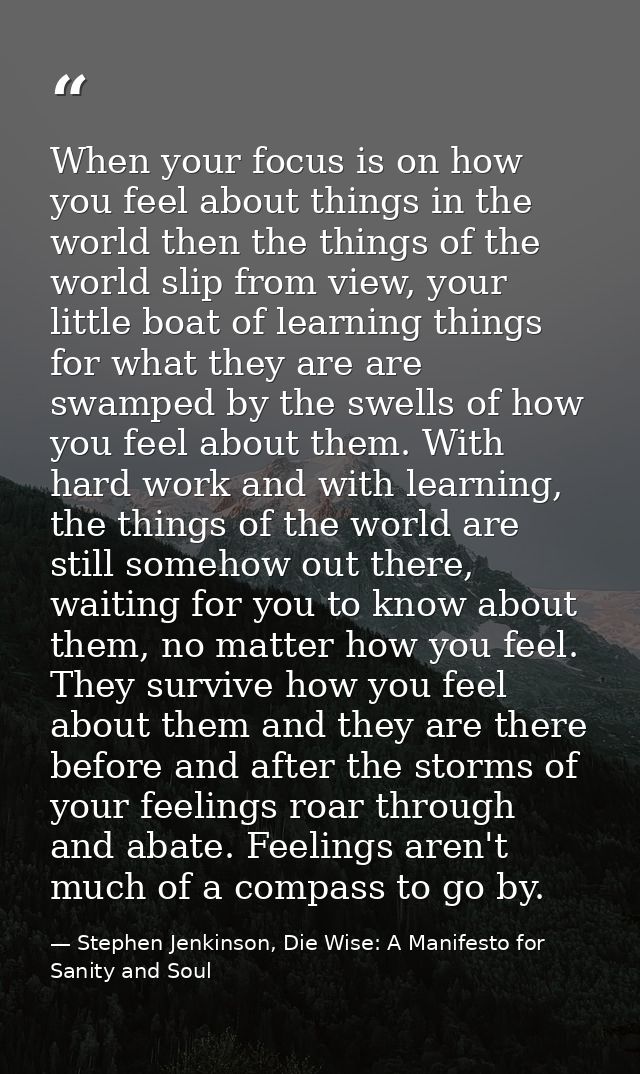 When your focus is on how you feel about things in the world then the things of the world slip from view, your little bo — Stephen Jenkinson, Die Wise: A Manifesto for Sanity and Soul