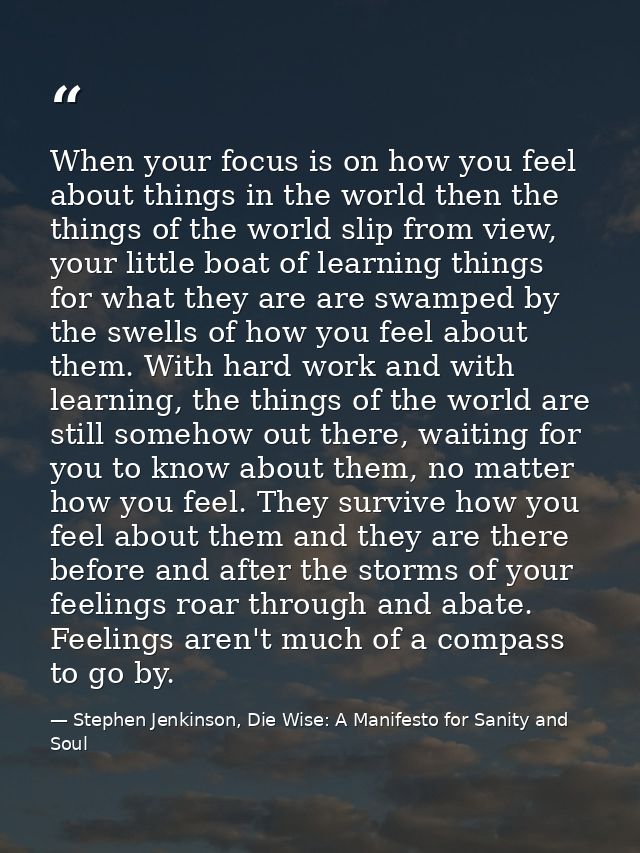 When your focus is on how you feel about things in the world then the things of the world slip from view, your little bo — Stephen Jenkinson, Die Wise: A Manifesto for Sanity and Soul