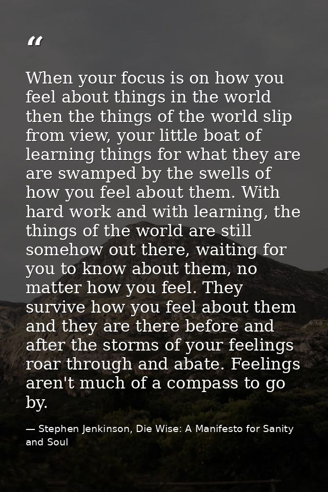 When your focus is on how you feel about things in the world then the things of the world slip from view, your little bo — Stephen Jenkinson, Die Wise: A Manifesto for Sanity and Soul