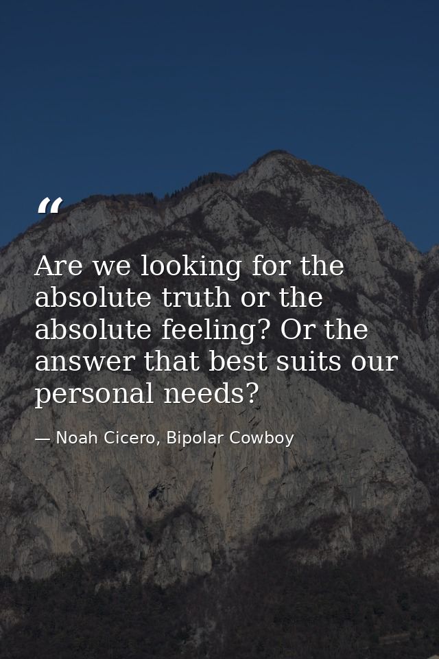 Are we looking for the absolute truth or the absolute feeling? Or the answer that best suits our personal needs? — Noah Cicero, Bipolar Cowboy