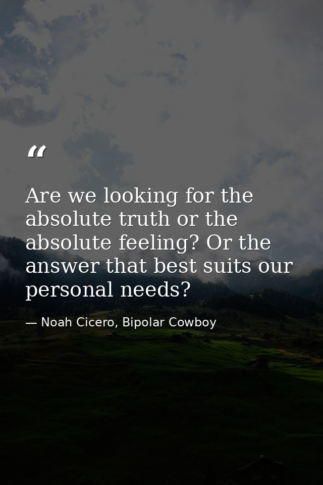 Are we looking for the absolute truth or the absolute feeling? Or the answer that best suits our personal needs? — Noah Cicero, Bipolar Cowboy