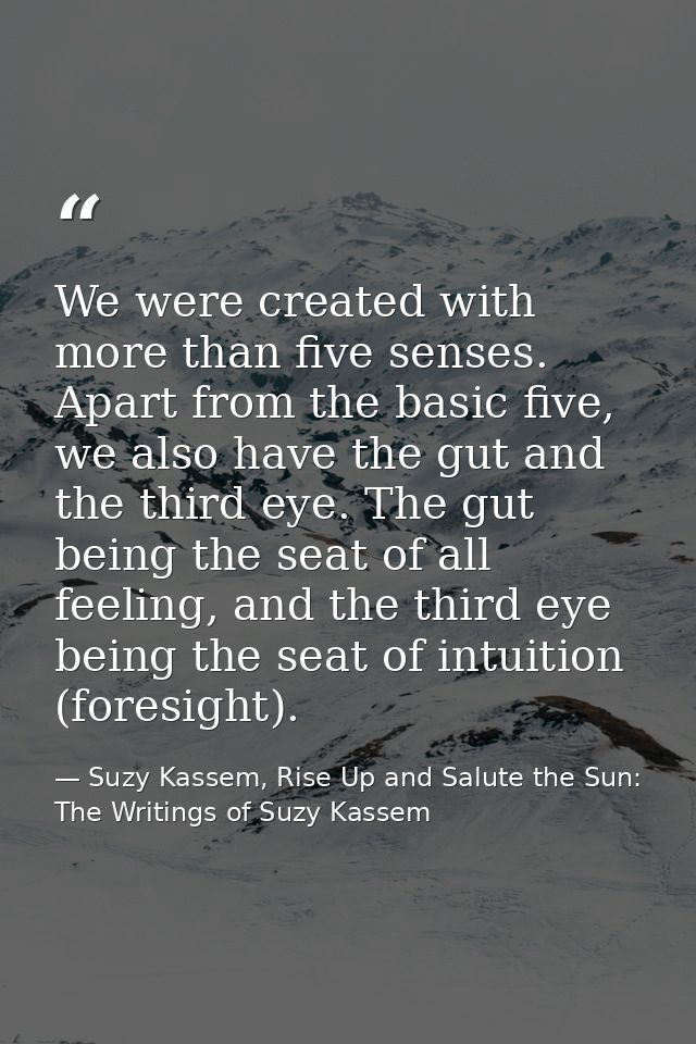 We were created with more than five senses. Apart from the basic five, we also have the gut and the third eye. The gut b — Suzy Kassem, Rise Up and Salute the Sun: The Writings of Suzy Kassem
