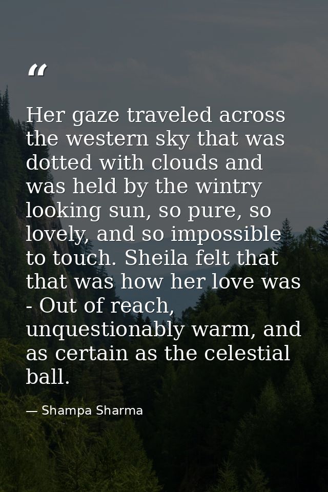 Her gaze traveled across the western sky that was dotted with clouds and was held by the wintry looking sun, so pure, so — Shampa Sharma