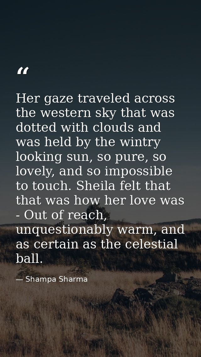 Her gaze traveled across the western sky that was dotted with clouds and was held by the wintry looking sun, so pure, so — Shampa Sharma