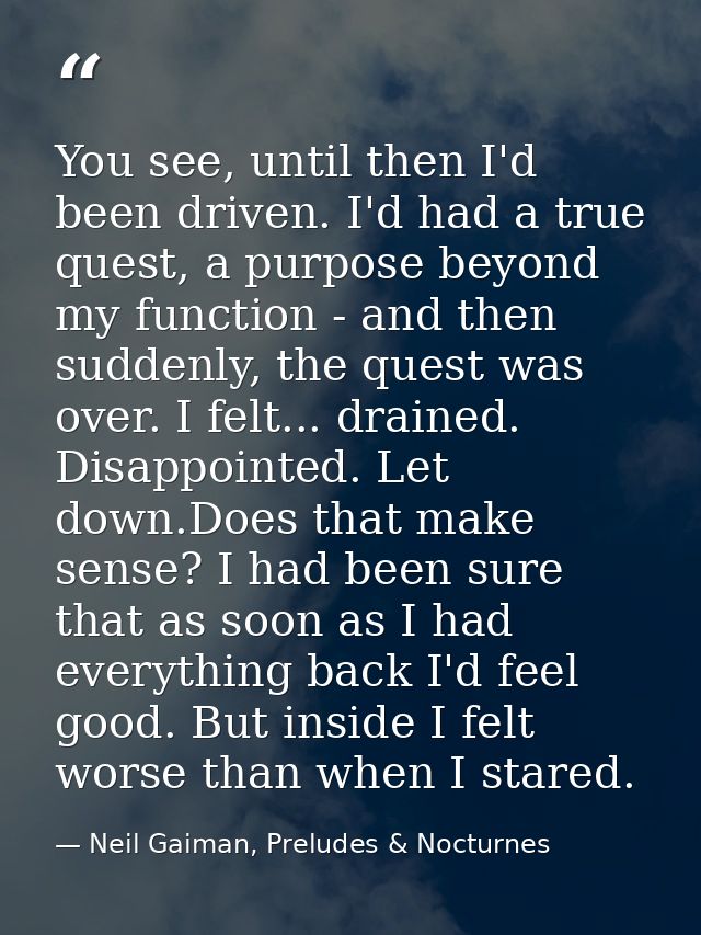 You see, until then I'd been driven. I'd had a true quest, a purpose beyond my function - and then suddenly, the quest w — Neil Gaiman, Preludes & Nocturnes