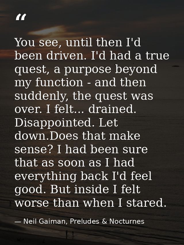 You see, until then I'd been driven. I'd had a true quest, a purpose beyond my function - and then suddenly, the quest w — Neil Gaiman, Preludes & Nocturnes