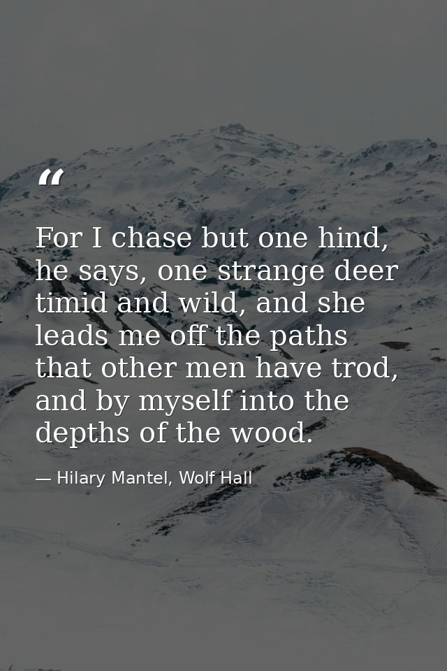 For I chase but one hind, he says, one strange deer timid and wild, and she leads me off the paths that other men have t — Hilary Mantel, Wolf Hall