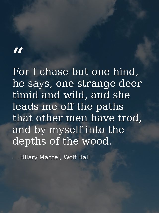 For I chase but one hind, he says, one strange deer timid and wild, and she leads me off the paths that other men have t — Hilary Mantel, Wolf Hall
