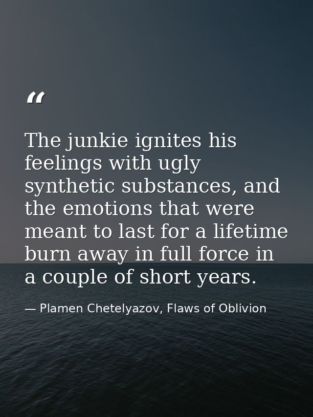 The junkie ignites his feelings with ugly synthetic substances, and the emotions that were meant to last for a lifetime  — Plamen Chetelyazov, Flaws of Oblivion