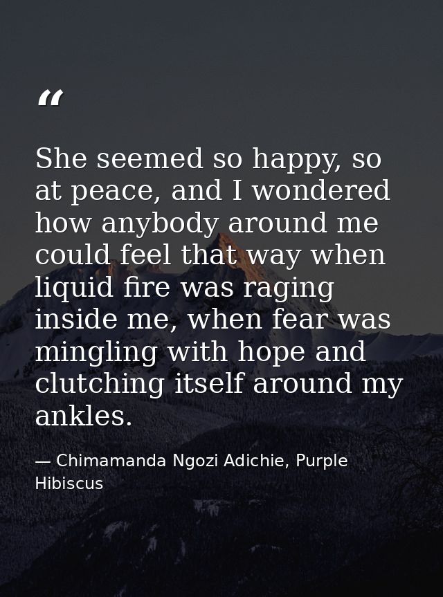 She seemed so happy, so at peace, and I wondered how anybody around me could feel that way when liquid fire was raging i — Chimamanda Ngozi Adichie, Purple Hibiscus