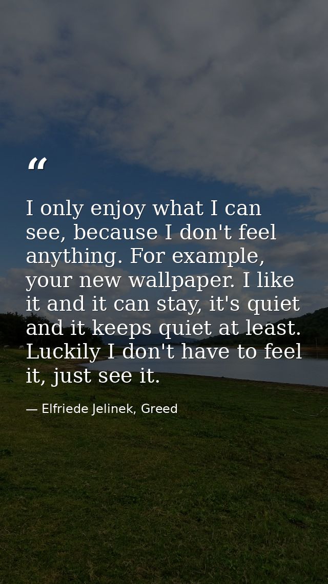 I only enjoy what I can see, because I don't feel anything. For example, your new wallpaper. I like it and it can stay,  — Elfriede Jelinek, Greed