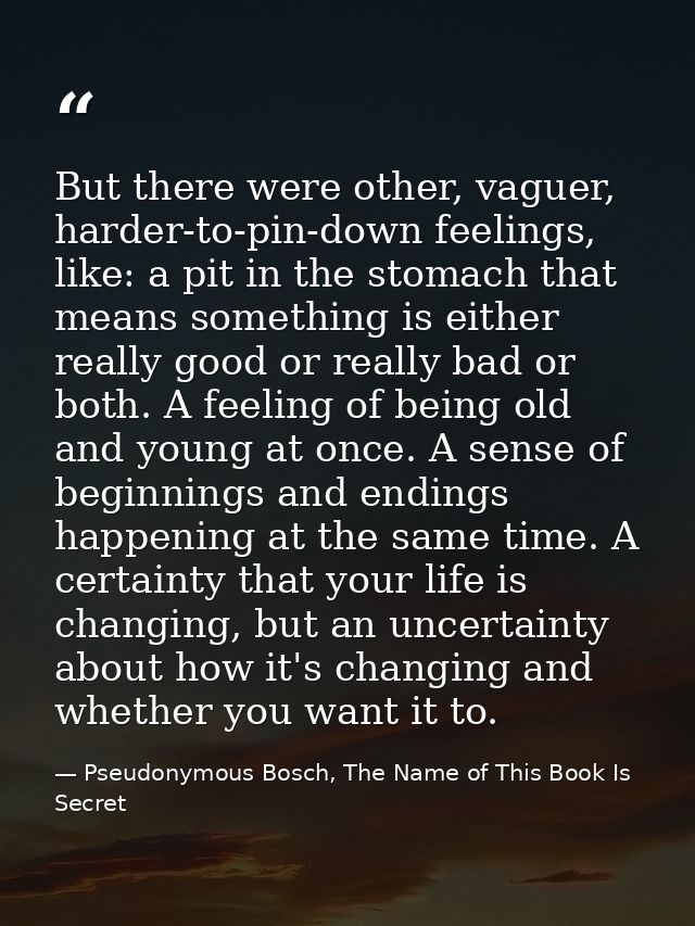But there were other, vaguer, harder-to-pin-down feelings, like: a pit in the stomach that means something is either rea — Pseudonymous Bosch, The Name of This Book Is Secret