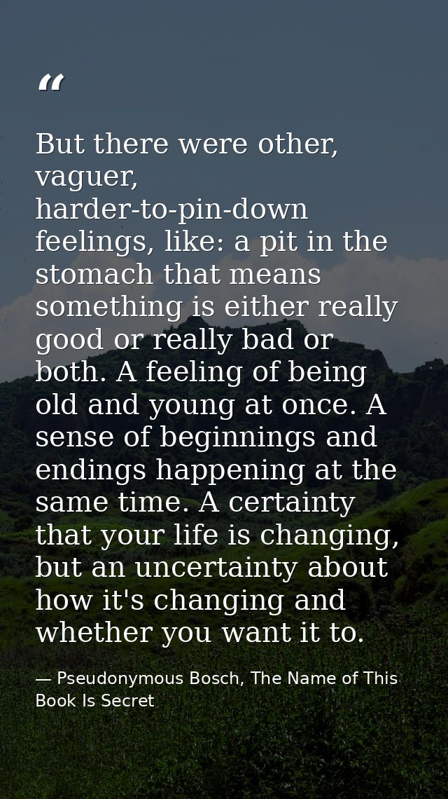 But there were other, vaguer, harder-to-pin-down feelings, like: a pit in the stomach that means something is either rea — Pseudonymous Bosch, The Name of This Book Is Secret
