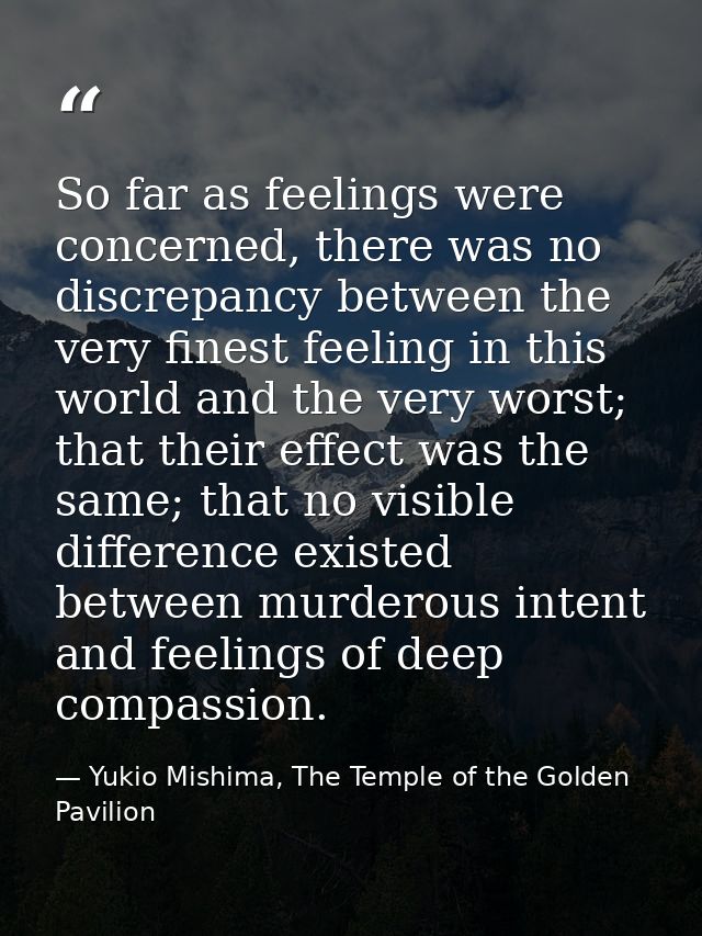 So far as feelings were concerned, there was no discrepancy between the very finest feeling in this world and the very w — Yukio Mishima, The Temple of the Golden Pavilion