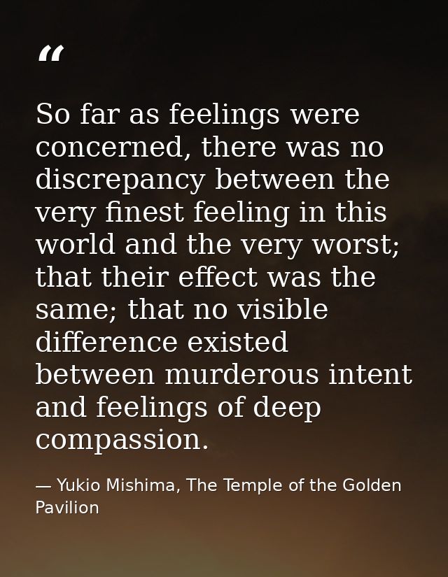 So far as feelings were concerned, there was no discrepancy between the very finest feeling in this world and the very w — Yukio Mishima, The Temple of the Golden Pavilion