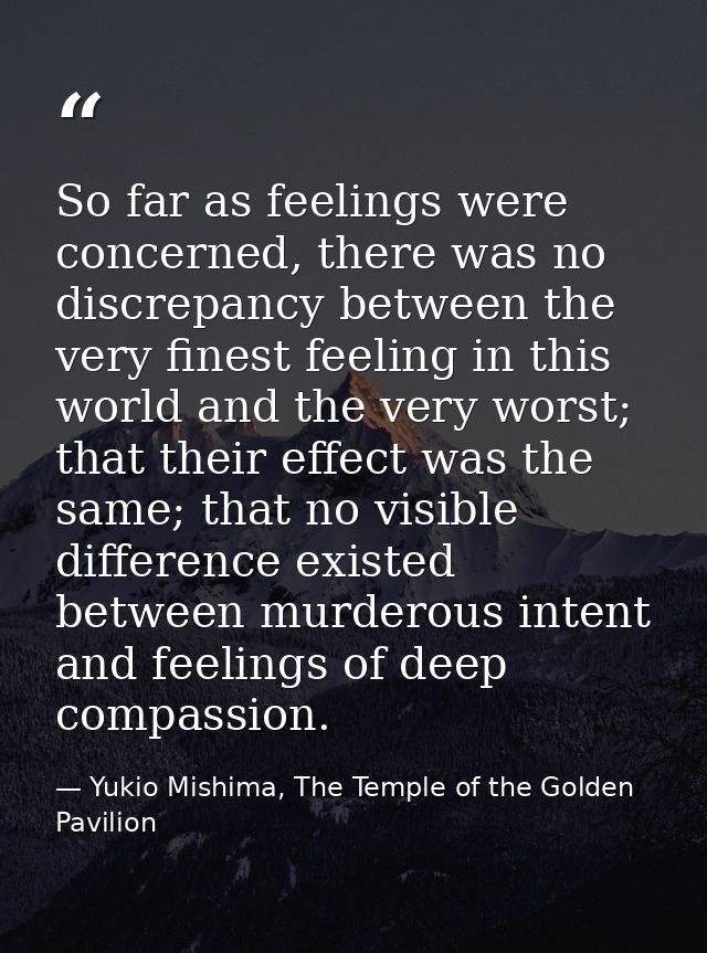 So far as feelings were concerned, there was no discrepancy between the very finest feeling in this world and the very w — Yukio Mishima, The Temple of the Golden Pavilion