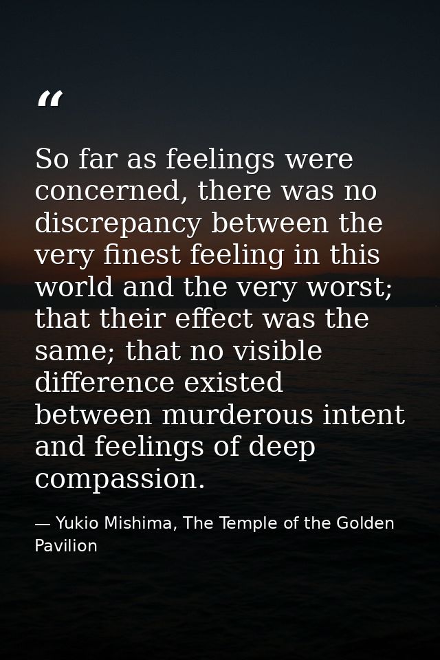 So far as feelings were concerned, there was no discrepancy between the very finest feeling in this world and the very w — Yukio Mishima, The Temple of the Golden Pavilion