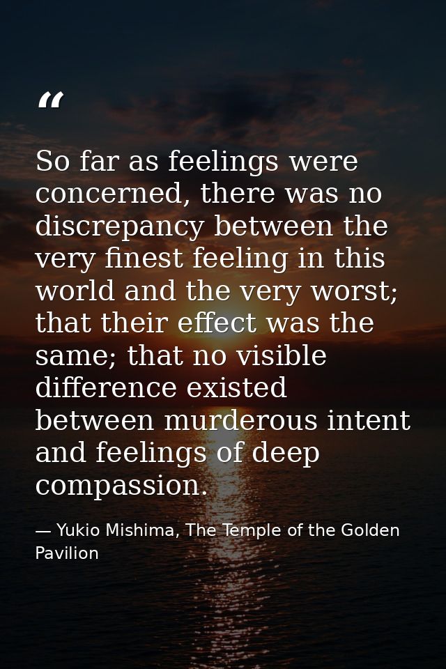 So far as feelings were concerned, there was no discrepancy between the very finest feeling in this world and the very w — Yukio Mishima, The Temple of the Golden Pavilion