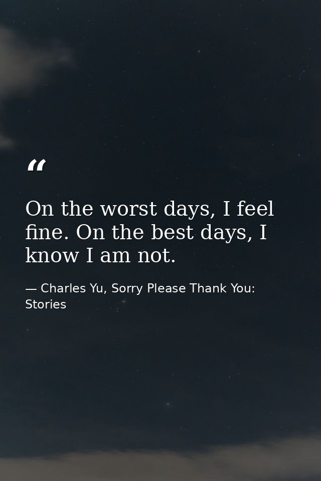 On the worst days, I feel fine. On the best days, I know I am not. — Charles Yu, Sorry Please Thank You: Stories