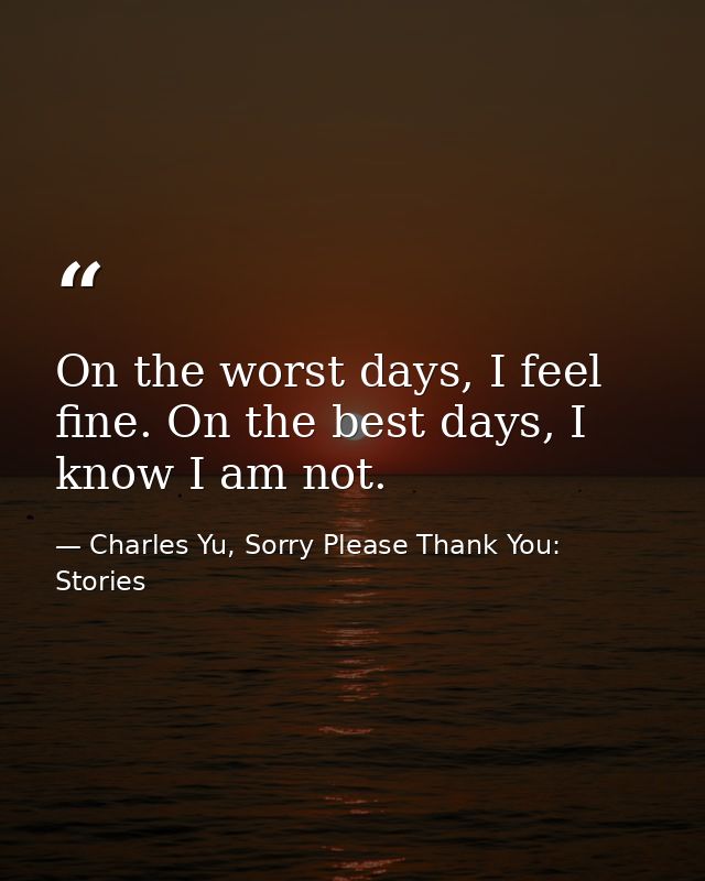 On the worst days, I feel fine. On the best days, I know I am not. — Charles Yu, Sorry Please Thank You: Stories