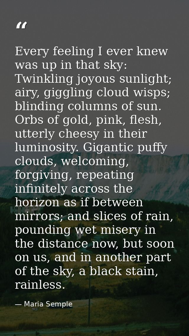 Every feeling I ever knew was up in that sky: Twinkling joyous sunlight; airy, giggling cloud wisps; blinding columns of — Maria Semple