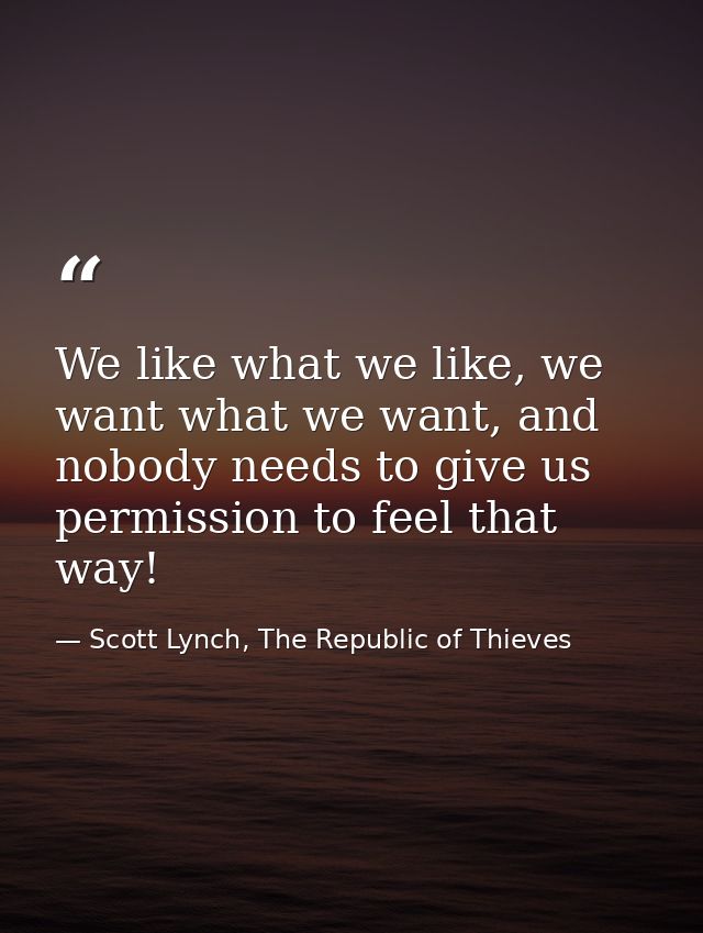 We like what we like, we want what we want, and nobody needs to give us permission to feel that way! — Scott Lynch, The Republic of Thieves