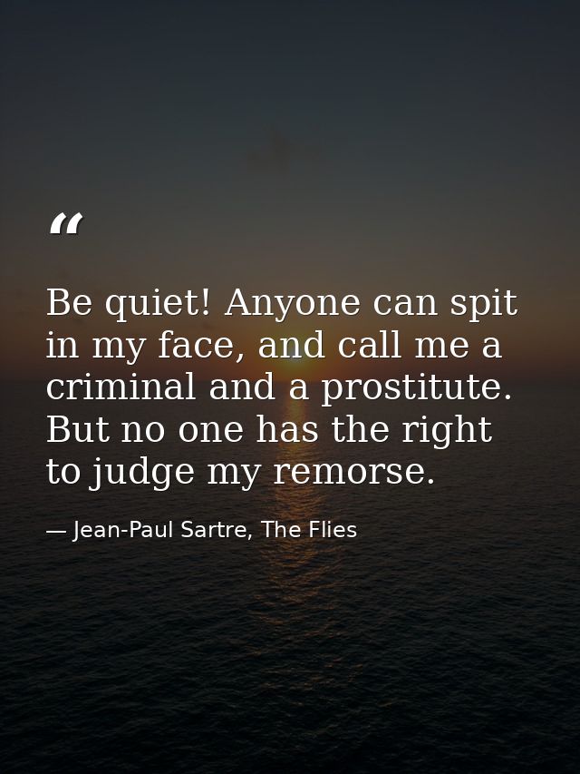 Be quiet! Anyone can spit in my face, and call me a criminal and a prostitute. But no one has the right to judge my remo — Jean-Paul Sartre, The Flies