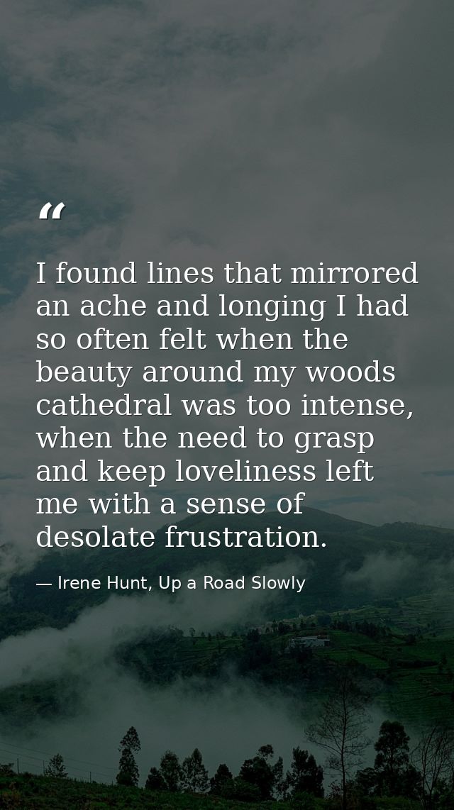 I found lines that mirrored an ache and longing I had so often felt when the beauty around my woods cathedral was too in — Irene Hunt, Up a Road Slowly