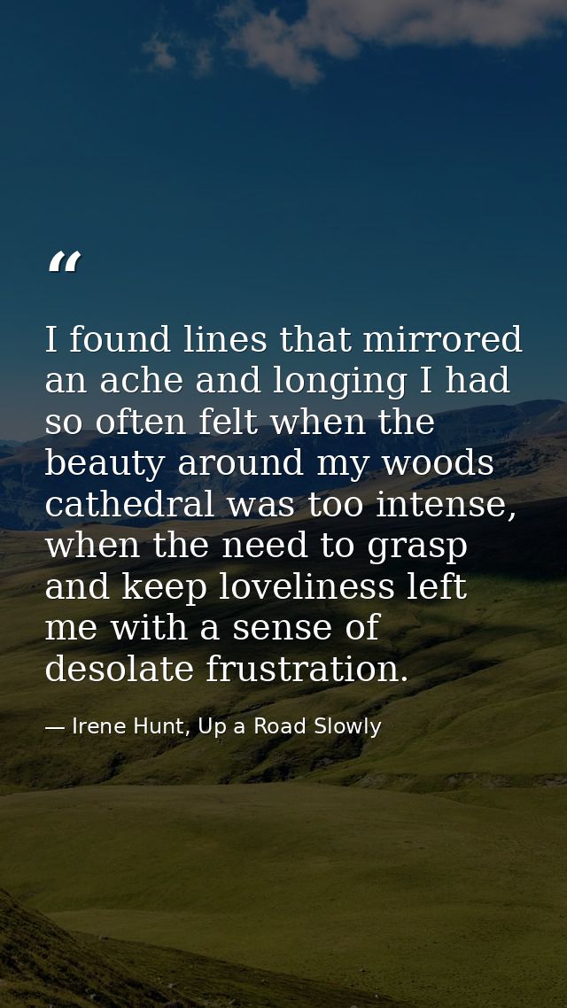 I found lines that mirrored an ache and longing I had so often felt when the beauty around my woods cathedral was too in — Irene Hunt, Up a Road Slowly