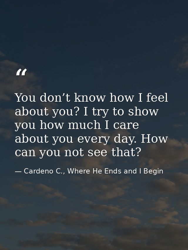 You don’t know how I feel about you? I try to show you how much I care about you every day. How can you not see that? — Cardeno C., Where He Ends and I Begin
