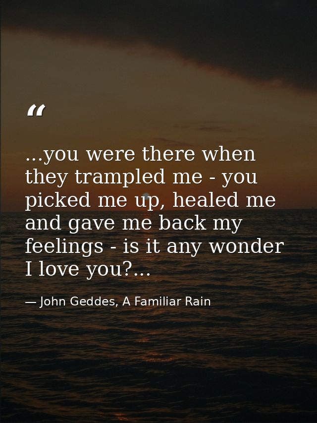 ...you were there when they trampled me - you picked me up, healed me and gave me back my feelings - is it any wonder I  — John Geddes, A Familiar Rain