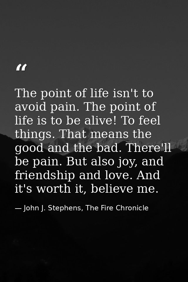 The point of life isn't to avoid pain. The point of life is to be alive! To feel things. That means the good and the bad — John J. Stephens, The Fire Chronicle