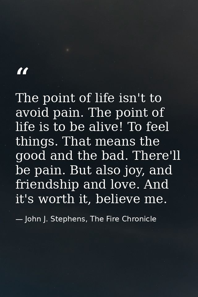 The point of life isn't to avoid pain. The point of life is to be alive! To feel things. That means the good and the bad — John J. Stephens, The Fire Chronicle