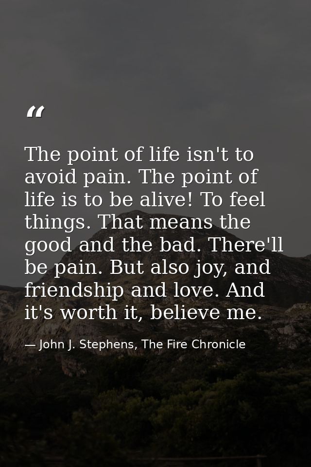 The point of life isn't to avoid pain. The point of life is to be alive! To feel things. That means the good and the bad — John J. Stephens, The Fire Chronicle