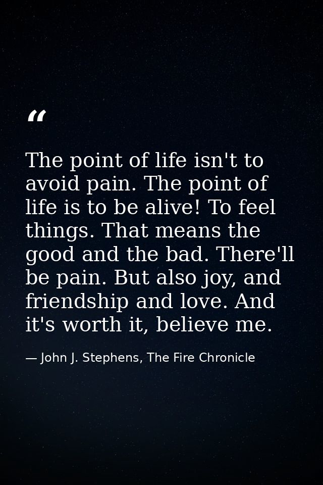 The point of life isn't to avoid pain. The point of life is to be alive! To feel things. That means the good and the bad — John J. Stephens, The Fire Chronicle
