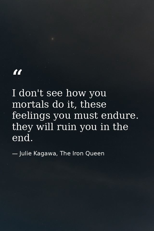 I don't see how you mortals do it, these feelings you must endure. they will ruin you in the end. — Julie Kagawa, The Iron Queen