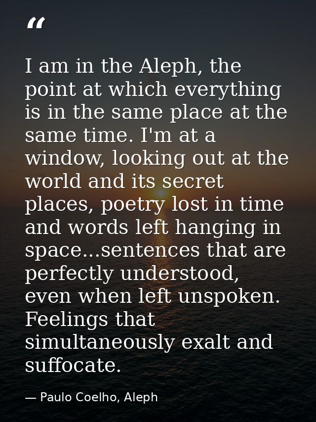 I am in the Aleph, the point at which everything is in the same place at the same time. I'm at a window, looking out at  — Paulo Coelho, Aleph