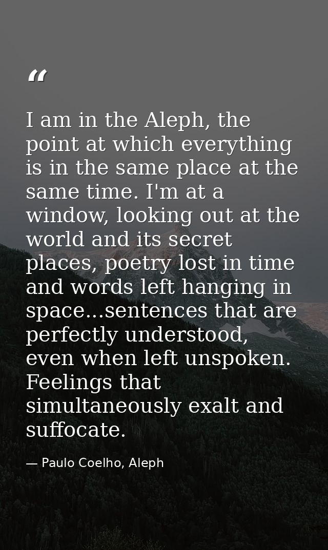 I am in the Aleph, the point at which everything is in the same place at the same time. I'm at a window, looking out at  — Paulo Coelho, Aleph
