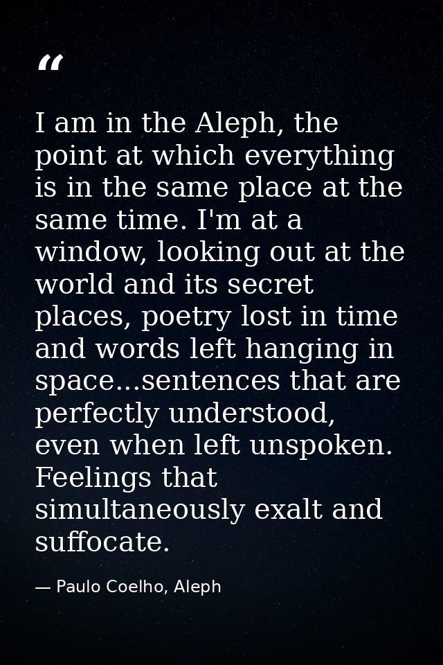 I am in the Aleph, the point at which everything is in the same place at the same time. I'm at a window, looking out at  — Paulo Coelho, Aleph