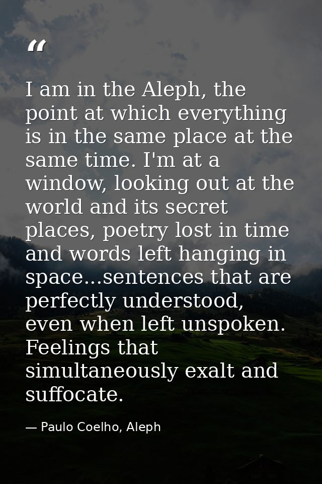 I am in the Aleph, the point at which everything is in the same place at the same time. I'm at a window, looking out at  — Paulo Coelho, Aleph